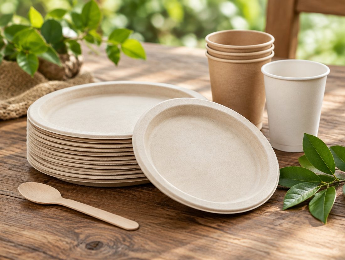 Compostable bagasse plates and paper cups on a wooden table